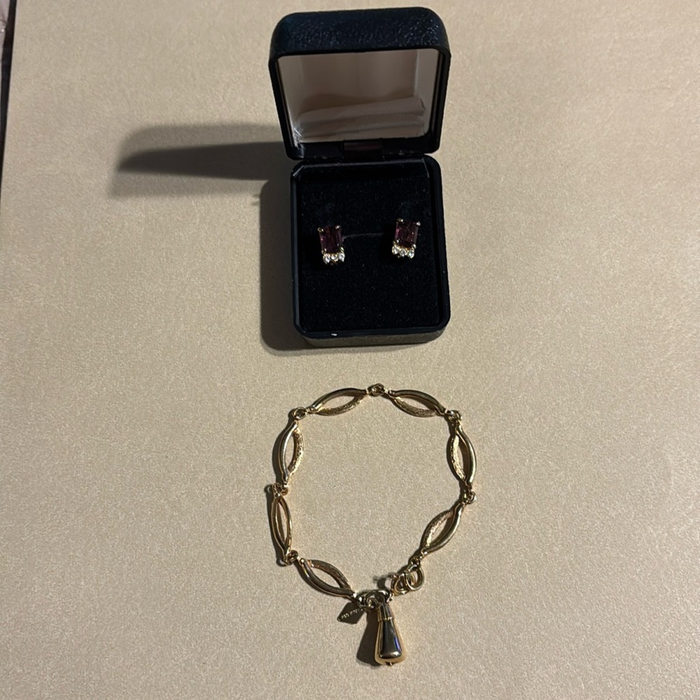 Purple and Gold Clip on Earrings. Gold  tone bracelet.  Very pretty and stamped.